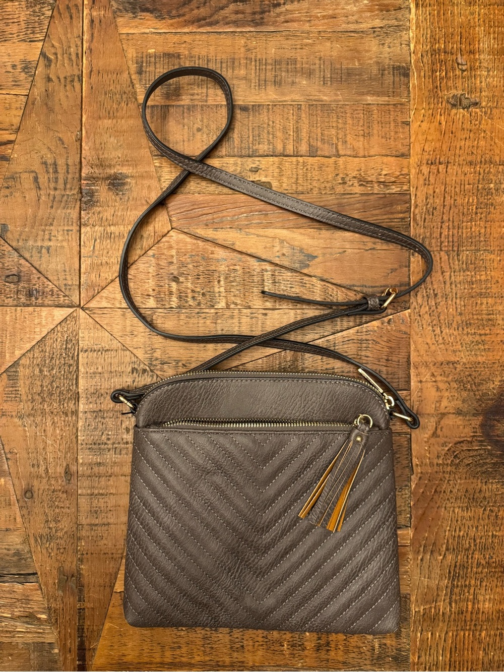 Crossbody Tote Bag in Taupe with Tassel Accent